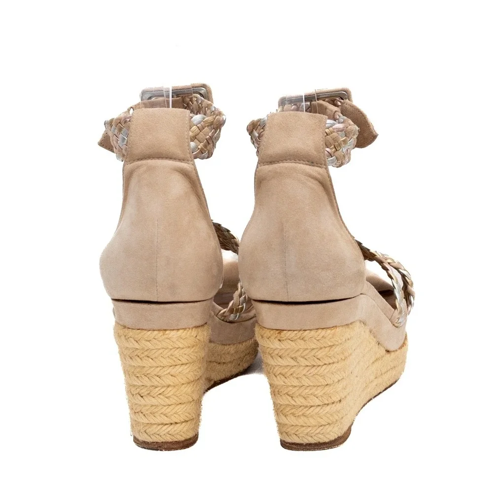 HERMÈS TAUPE SUEDE & METALLIC BRAIDED STRAP INES‎ ESPADRILLE WEDGES EU 38 US 7.5